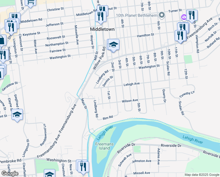 map of restaurants, bars, coffee shops, grocery stores, and more near 3306 Lehigh Avenue in Bethlehem
