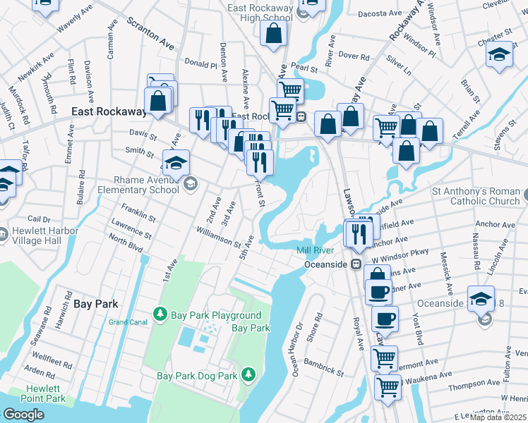 map of restaurants, bars, coffee shops, grocery stores, and more near 47 Front Street in East Rockaway