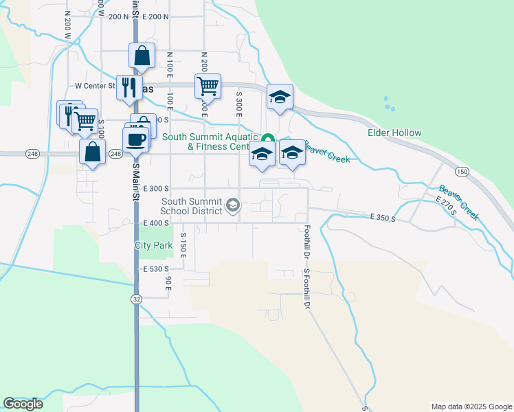 map of restaurants, bars, coffee shops, grocery stores, and more near 352 East 340 South in Kamas