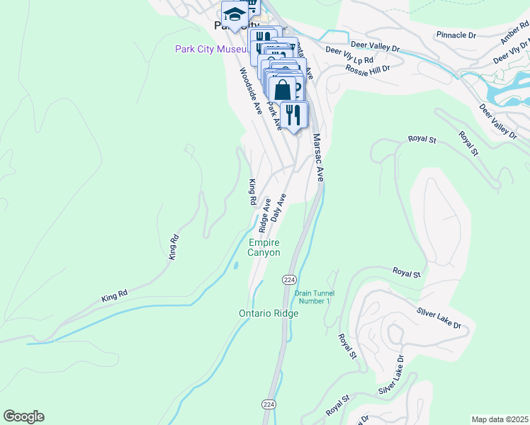 map of restaurants, bars, coffee shops, grocery stores, and more near 158 Ridge Avenue in Park City