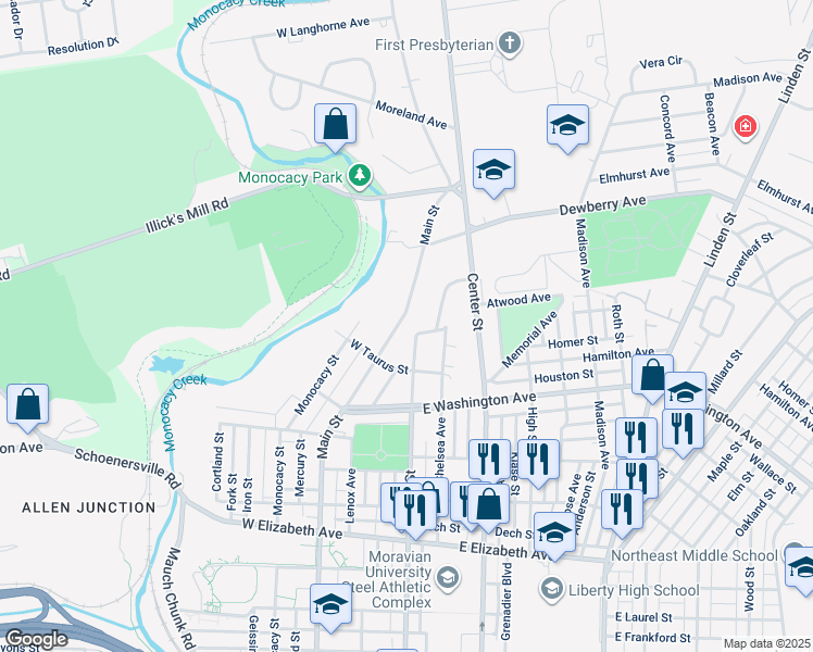 map of restaurants, bars, coffee shops, grocery stores, and more near 1840 Main Street in Bethlehem