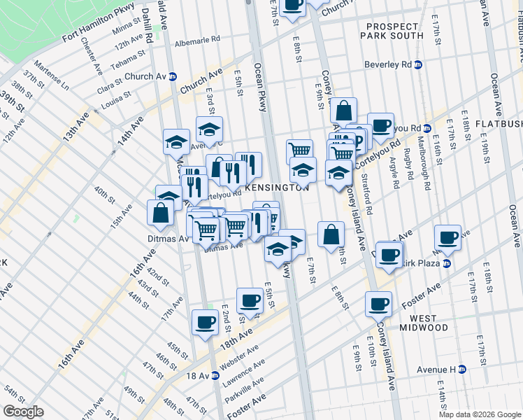 map of restaurants, bars, coffee shops, grocery stores, and more near 583 East 5th Street in Brooklyn