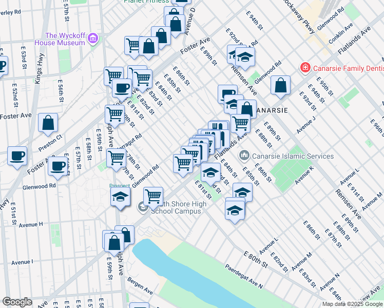 map of restaurants, bars, coffee shops, grocery stores, and more near 716 East 83rd Street in Brooklyn
