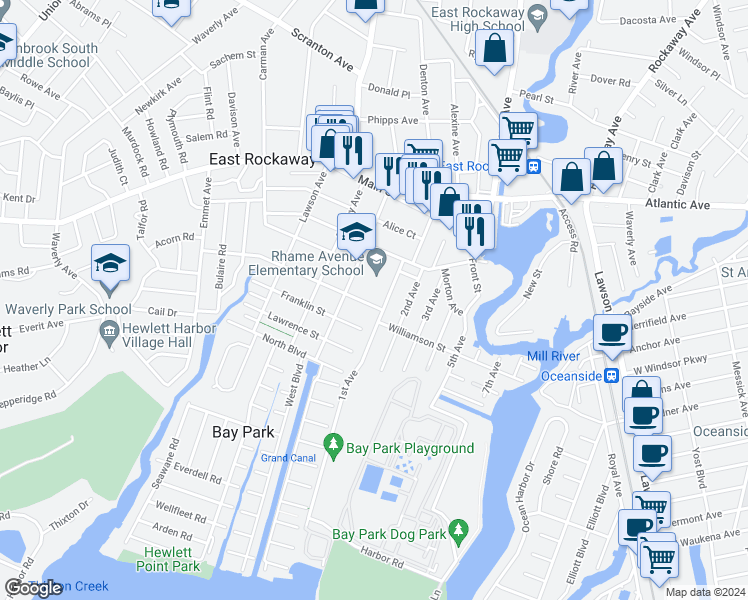 map of restaurants, bars, coffee shops, grocery stores, and more near 96 Adams Street in East Rockaway