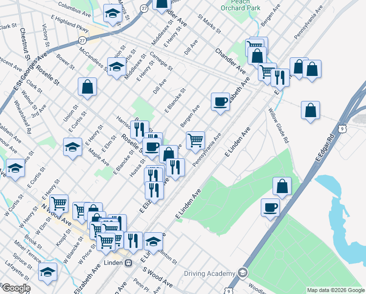map of restaurants, bars, coffee shops, grocery stores, and more near 740 Essex Avenue in Linden