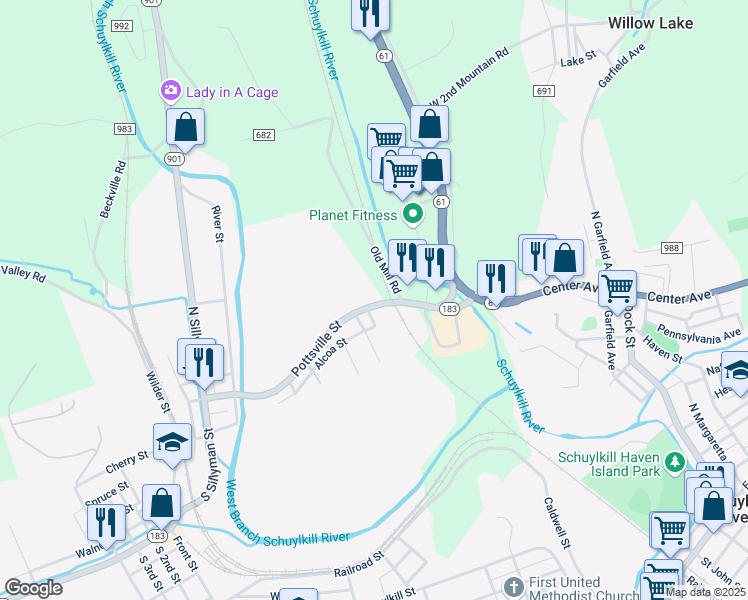 map of restaurants, bars, coffee shops, grocery stores, and more near 174 Pottsville Street in Cressona