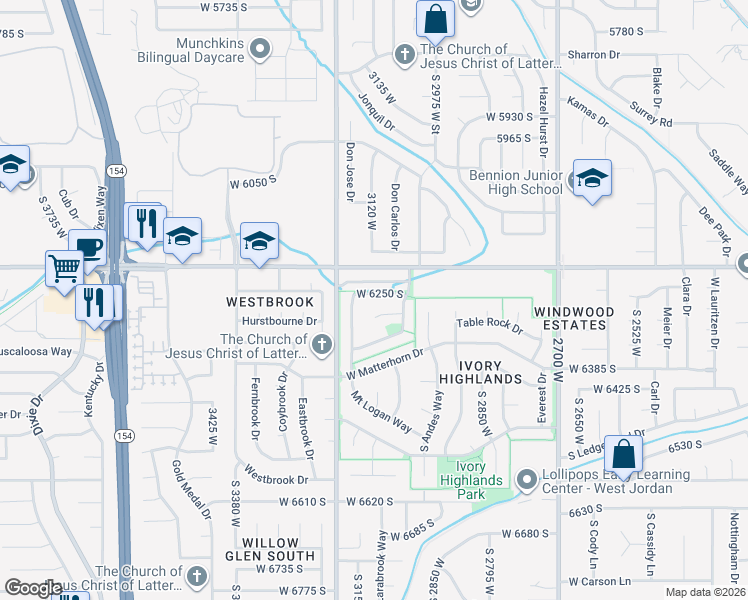 map of restaurants, bars, coffee shops, grocery stores, and more near 3127 Bald Mountain Drive in West Jordan