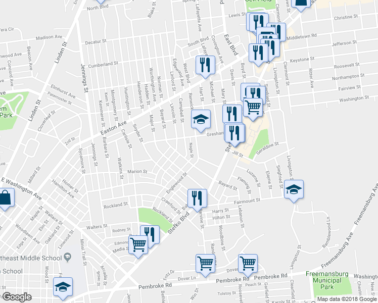 map of restaurants, bars, coffee shops, grocery stores, and more near 1818 Campbell Street in Bethlehem