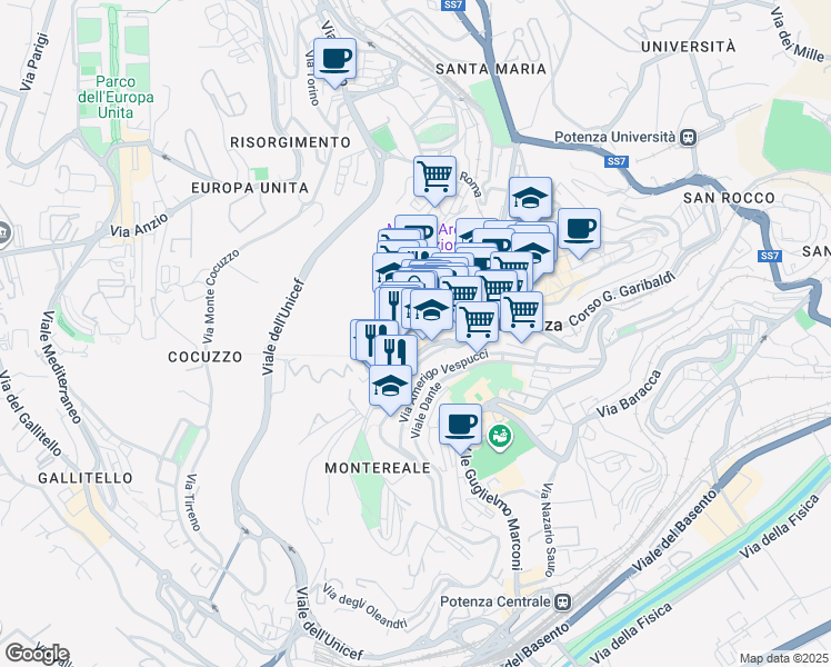 map of restaurants, bars, coffee shops, grocery stores, and more near 76 Via Pretoria in Potenza