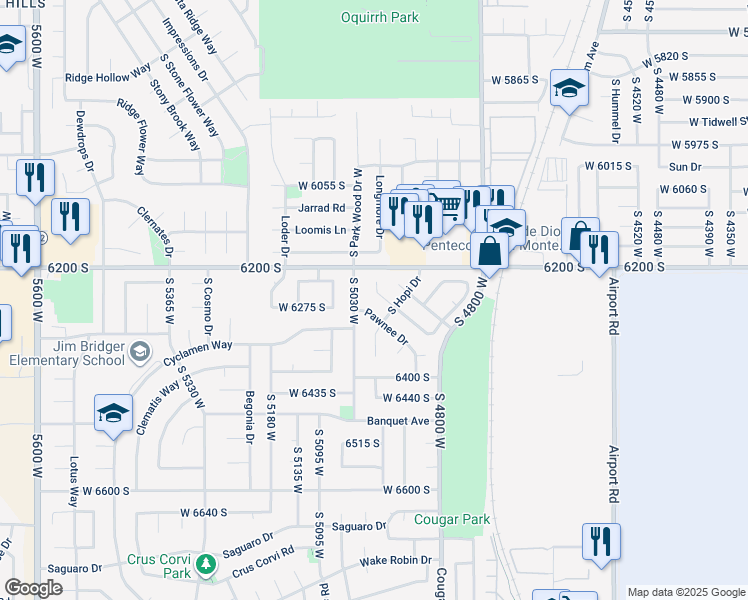 map of restaurants, bars, coffee shops, grocery stores, and more near 4959 Aspen Park Drive in West Jordan