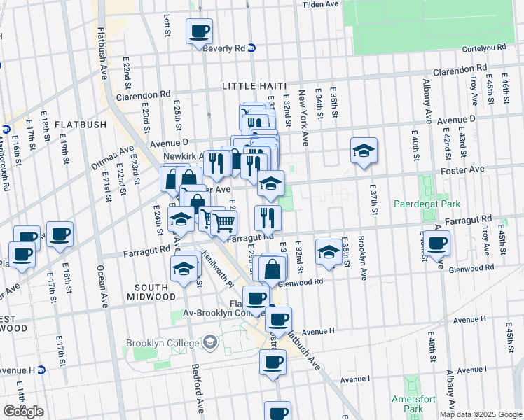 map of restaurants, bars, coffee shops, grocery stores, and more near 1950 Nostrand Avenue in Brooklyn