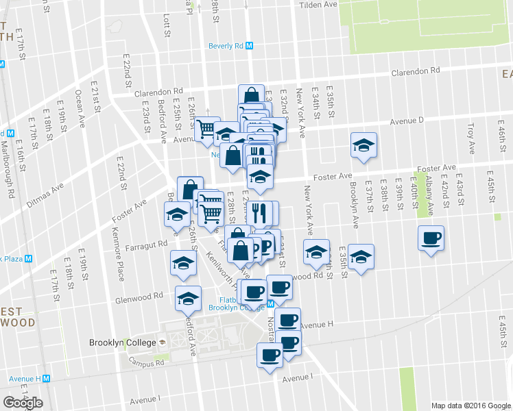 map of restaurants, bars, coffee shops, grocery stores, and more near 1950 Nostrand Avenue in Brooklyn