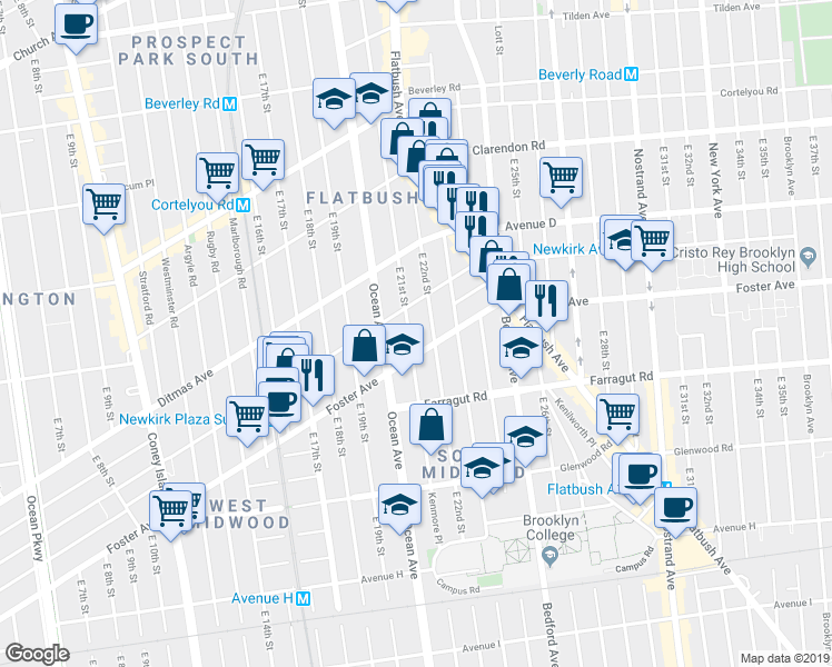 map of restaurants, bars, coffee shops, grocery stores, and more near 651 East 21st Street in Brooklyn