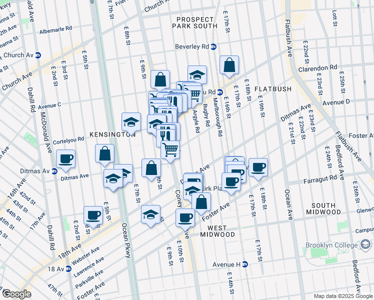 map of restaurants, bars, coffee shops, grocery stores, and more near 447 Westminster Road in Brooklyn