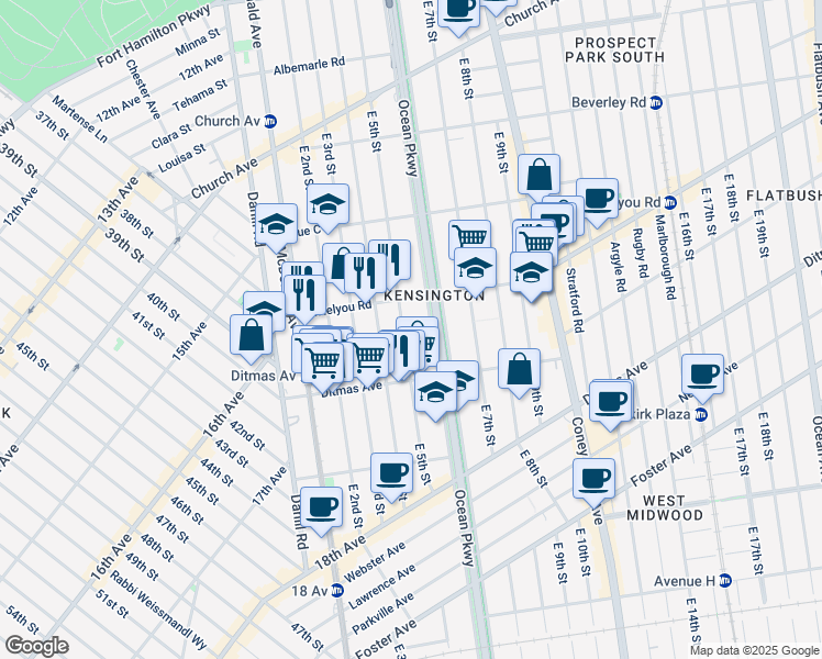map of restaurants, bars, coffee shops, grocery stores, and more near 583 East 5th Street in Brooklyn