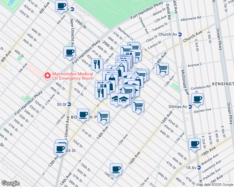 map of restaurants, bars, coffee shops, grocery stores, and more near 1337 43rd Street in Brooklyn