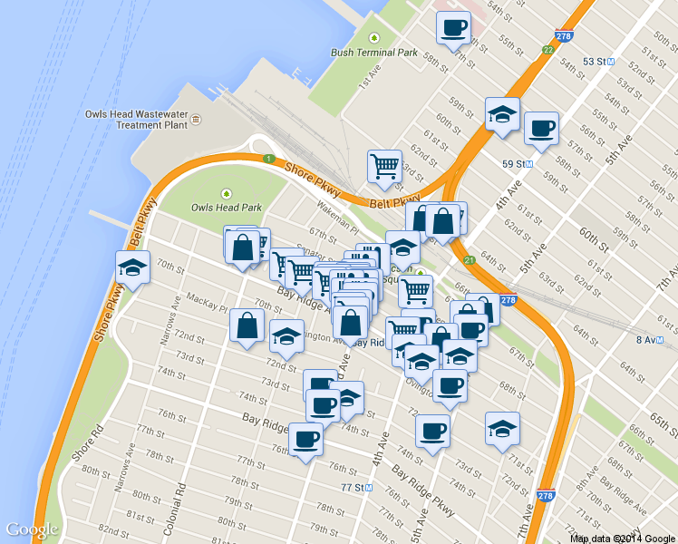 map of restaurants, bars, coffee shops, grocery stores, and more near 246 67th Street in Brooklyn