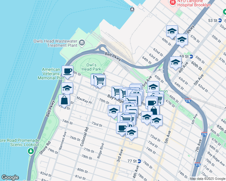 map of restaurants, bars, coffee shops, grocery stores, and more near 163 68th Street in Brooklyn