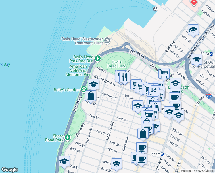 map of restaurants, bars, coffee shops, grocery stores, and more near 62 Bay Ridge Avenue in Brooklyn