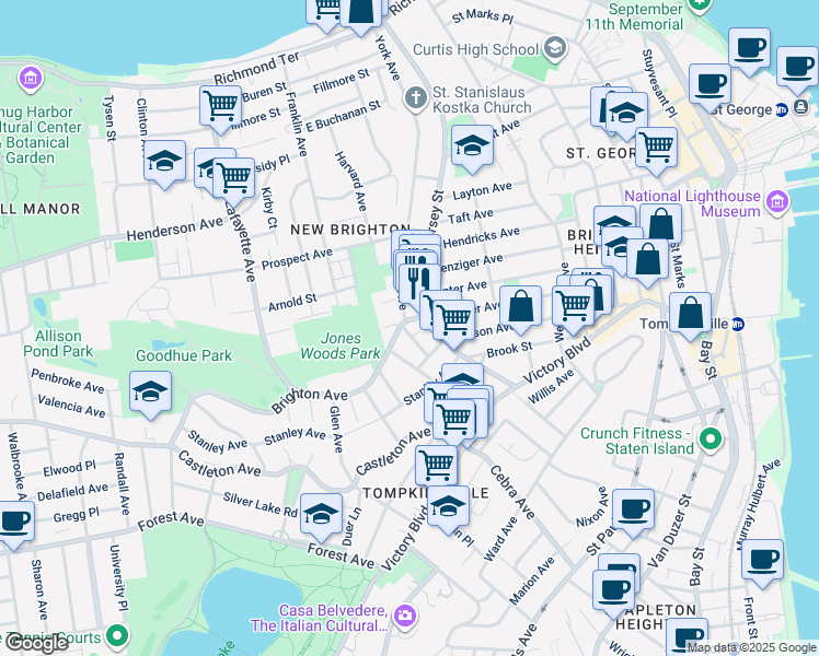 map of restaurants, bars, coffee shops, grocery stores, and more near 363 York Avenue in Staten Island