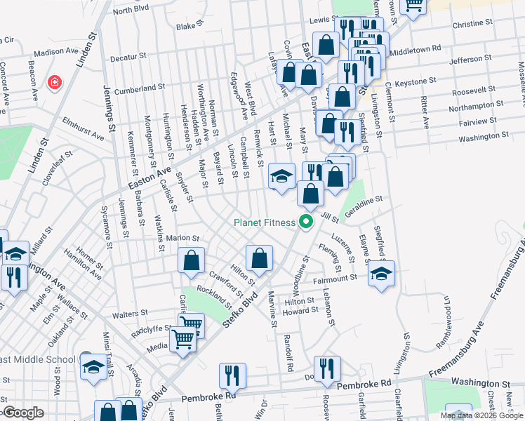 map of restaurants, bars, coffee shops, grocery stores, and more near 1836 Campbell Street in Bethlehem