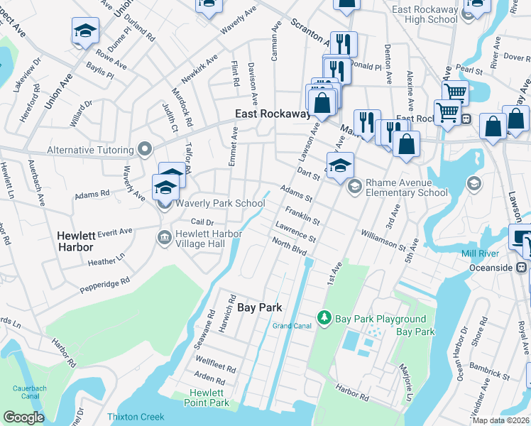 map of restaurants, bars, coffee shops, grocery stores, and more near 114 Malecon Street in East Rockaway