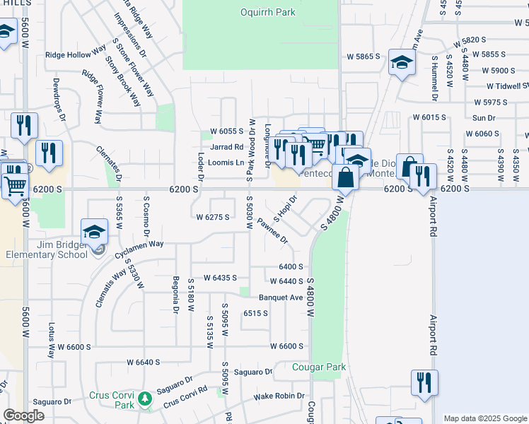 map of restaurants, bars, coffee shops, grocery stores, and more near 4959 Aspen Park Drive in West Jordan