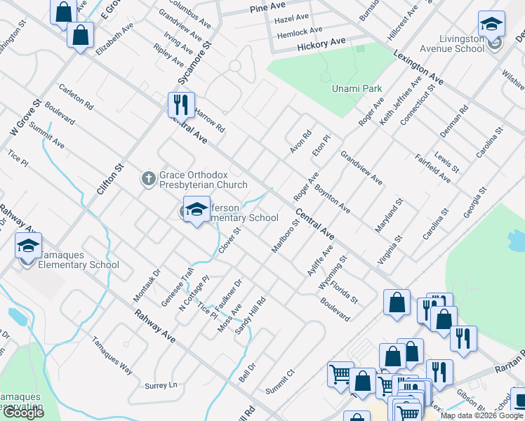 map of restaurants, bars, coffee shops, grocery stores, and more near 1310 Central Avenue in Westfield