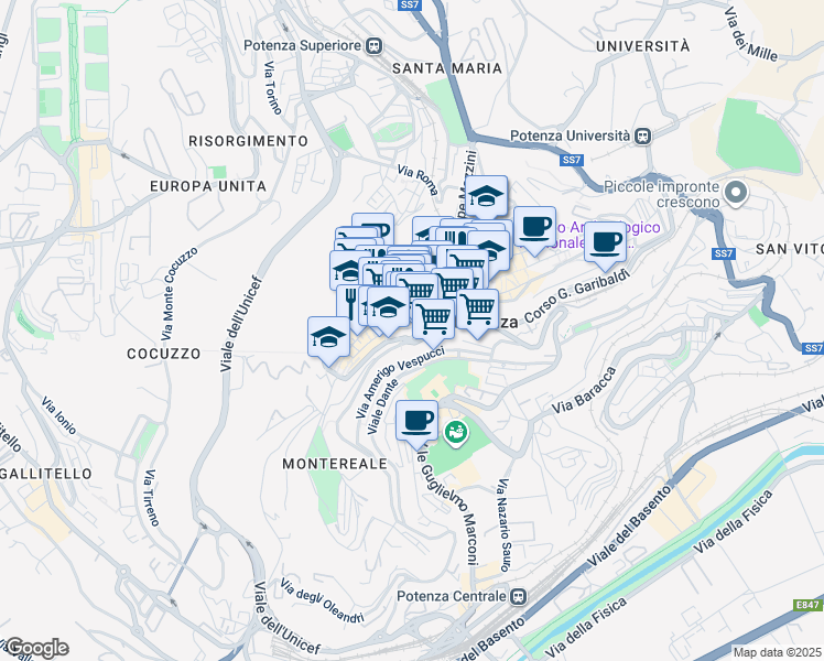 map of restaurants, bars, coffee shops, grocery stores, and more near 20 Via Pretoria in Potenza