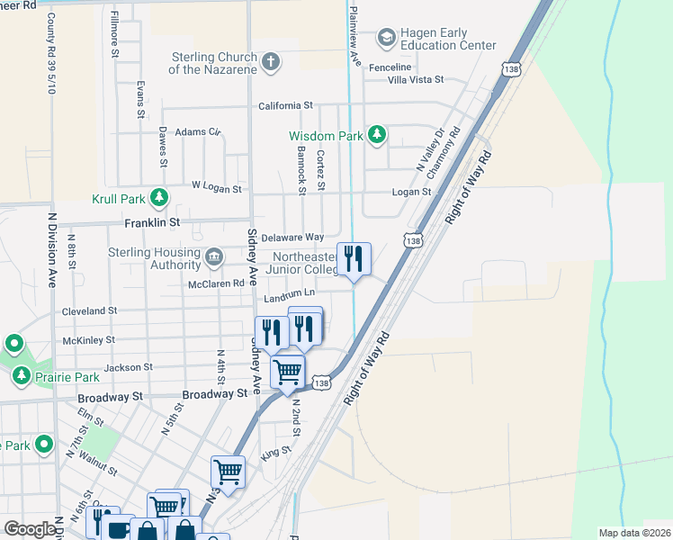 map of restaurants, bars, coffee shops, grocery stores, and more near 114 Magnolia Lane in Sterling