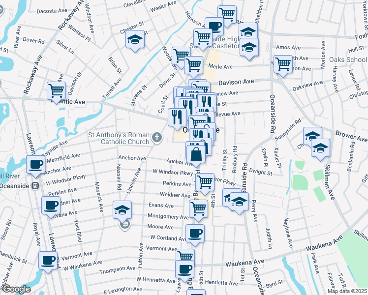 map of restaurants, bars, coffee shops, grocery stores, and more near 28 Mahland Place in Oceanside