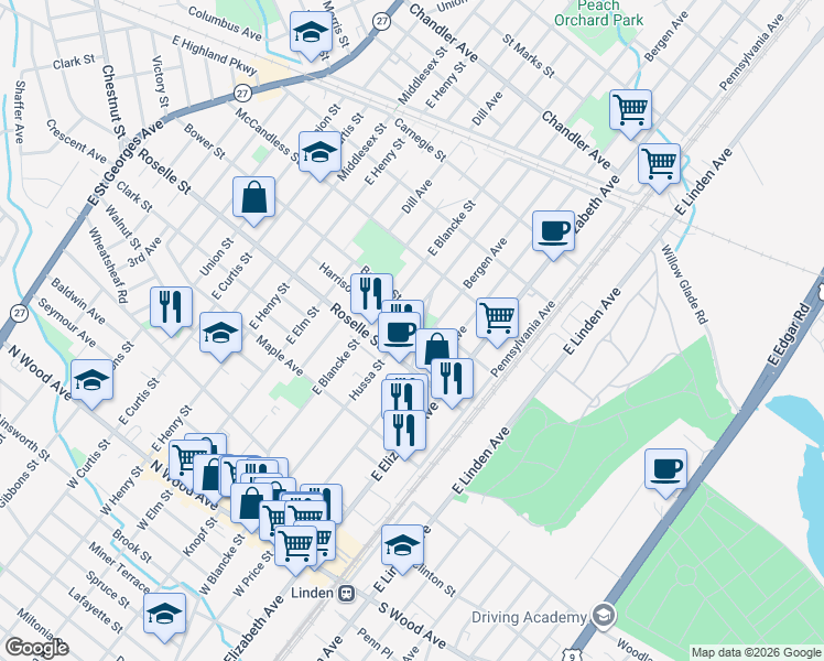 map of restaurants, bars, coffee shops, grocery stores, and more near 628 Hussa St in Linden