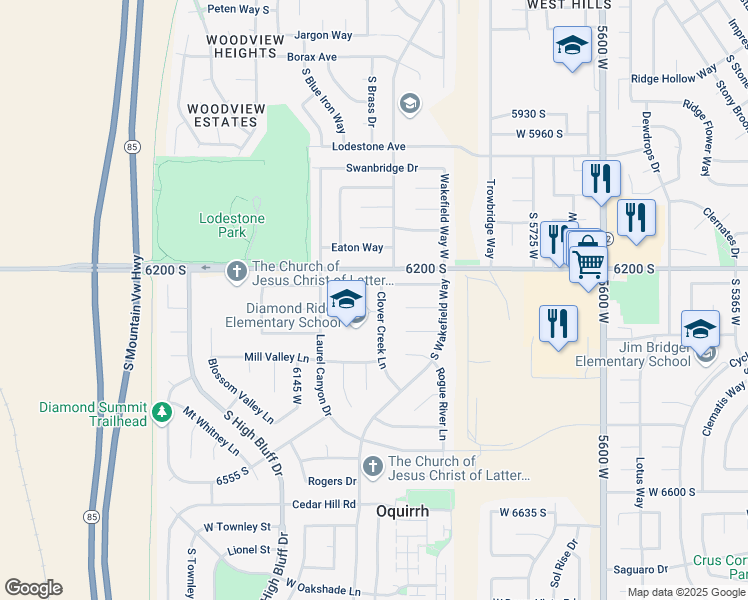 map of restaurants, bars, coffee shops, grocery stores, and more near 6232 Clover Creek Lane in Salt Lake City