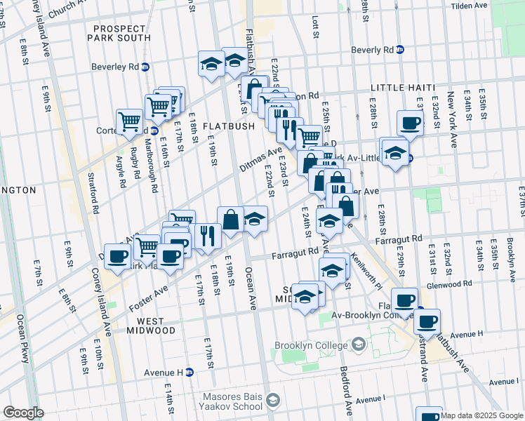 map of restaurants, bars, coffee shops, grocery stores, and more near 669 East 21st Street in Brooklyn