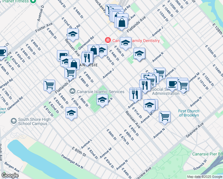 map of restaurants, bars, coffee shops, grocery stores, and more near 1309 East 91st Street in Brooklyn