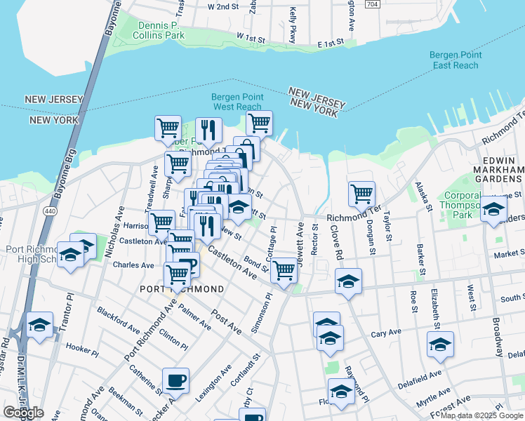 map of restaurants, bars, coffee shops, grocery stores, and more near 75 Bennett Street in Staten Island