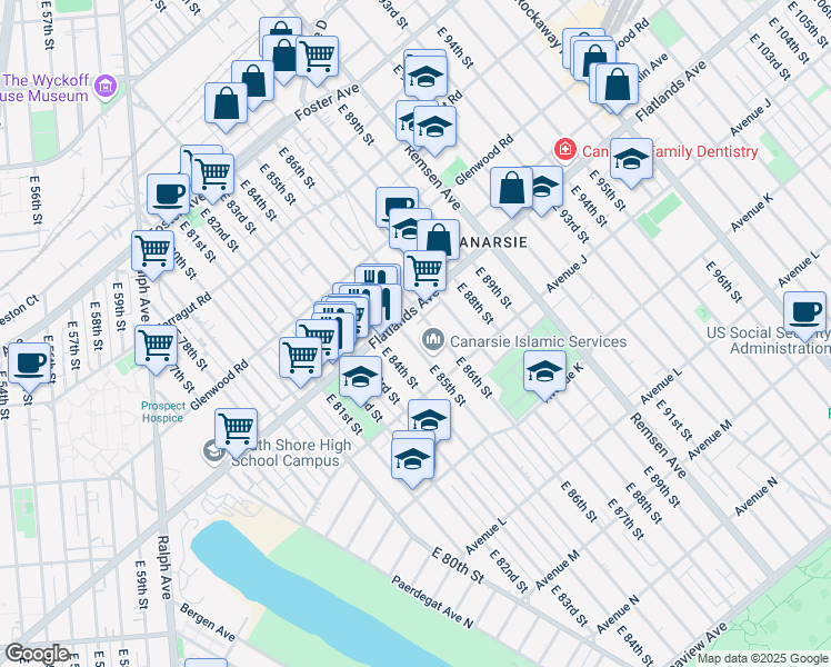 map of restaurants, bars, coffee shops, grocery stores, and more near 923 East 85th Street in Brooklyn