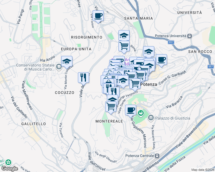map of restaurants, bars, coffee shops, grocery stores, and more near in Potenza