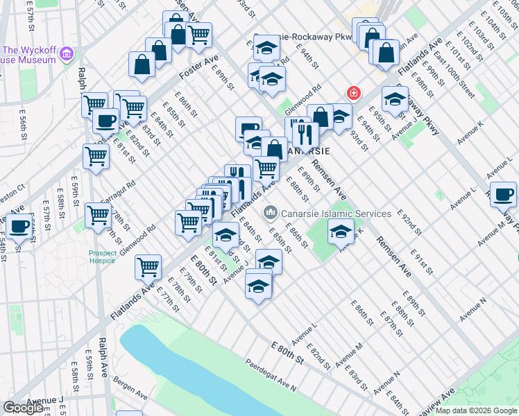 map of restaurants, bars, coffee shops, grocery stores, and more near 923 East 85th Street in Brooklyn