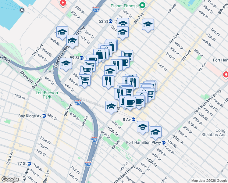 map of restaurants, bars, coffee shops, grocery stores, and more near 627 60th Street in Brooklyn