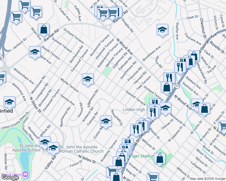 map of restaurants, bars, coffee shops, grocery stores, and more near 204 Swarthmore Road in Linden
