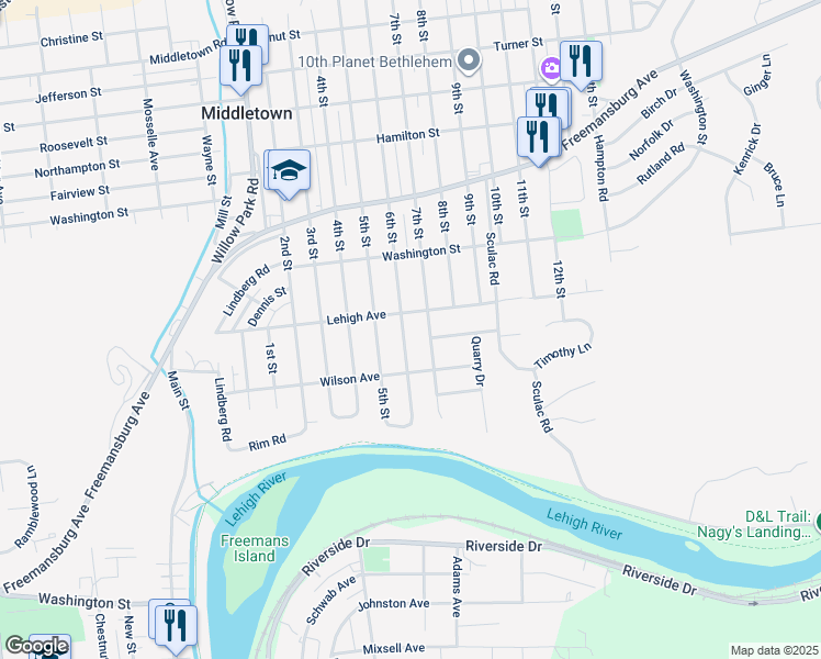 map of restaurants, bars, coffee shops, grocery stores, and more near 1584 6th Street in Bethlehem