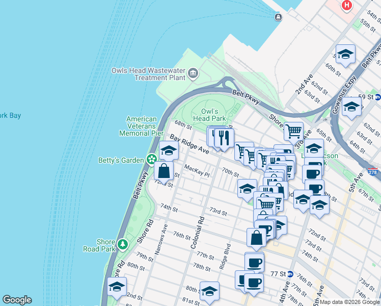 map of restaurants, bars, coffee shops, grocery stores, and more near 62 Bay Ridge Avenue in Brooklyn