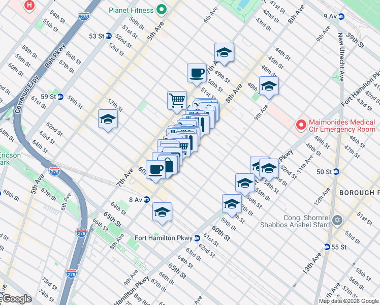 map of restaurants, bars, coffee shops, grocery stores, and more near 5601 8th Avenue in Brooklyn