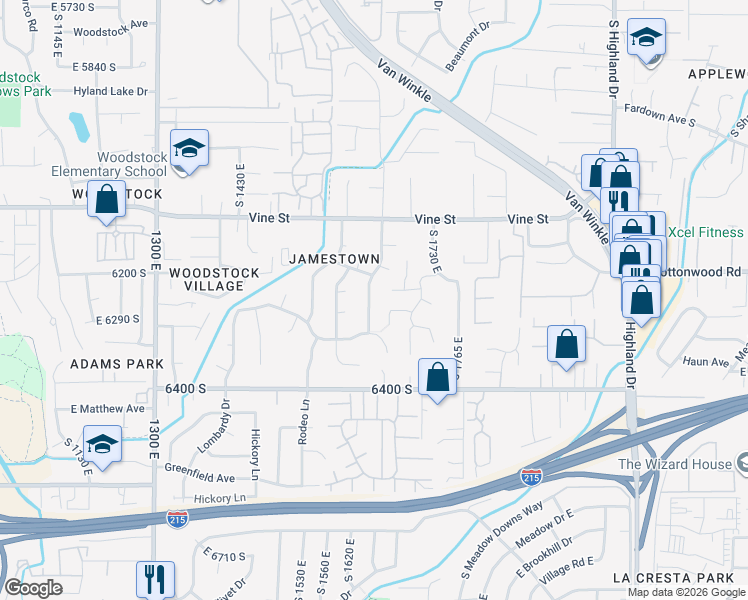 map of restaurants, bars, coffee shops, grocery stores, and more near 6245 South Steeple Chase Lane in Salt Lake City
