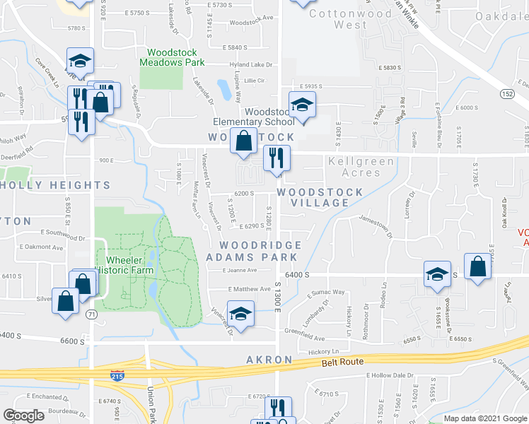 map of restaurants, bars, coffee shops, grocery stores, and more near 6231 South 1280 East in Murray