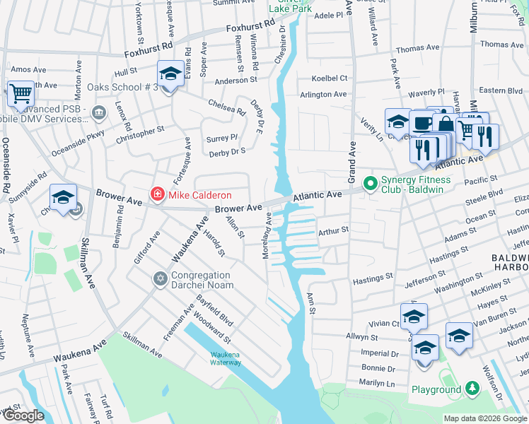 map of restaurants, bars, coffee shops, grocery stores, and more near 3265 Brower Avenue in Oceanside