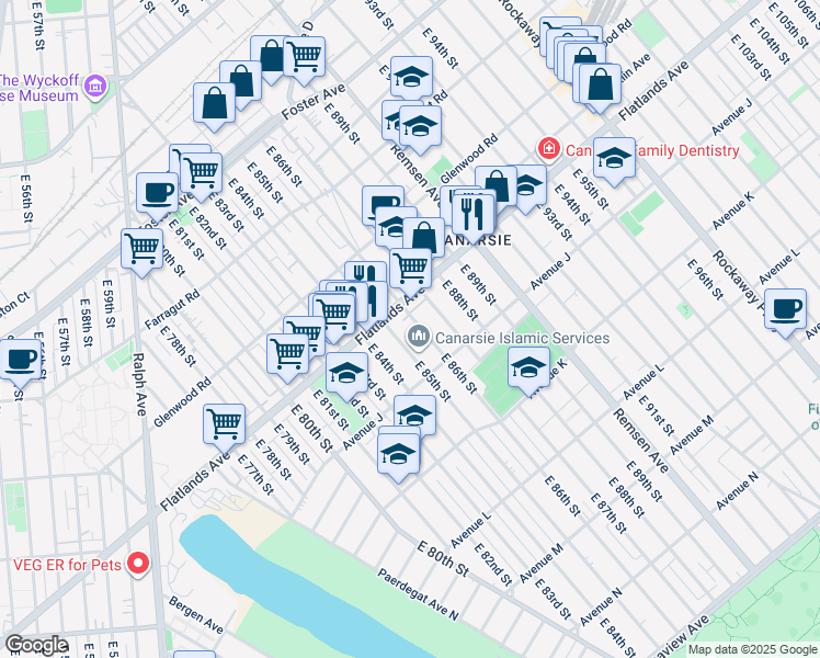 map of restaurants, bars, coffee shops, grocery stores, and more near 927 East 86th Street in Brooklyn