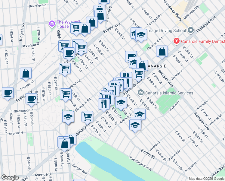 map of restaurants, bars, coffee shops, grocery stores, and more near 716 East 83rd Street in Brooklyn
