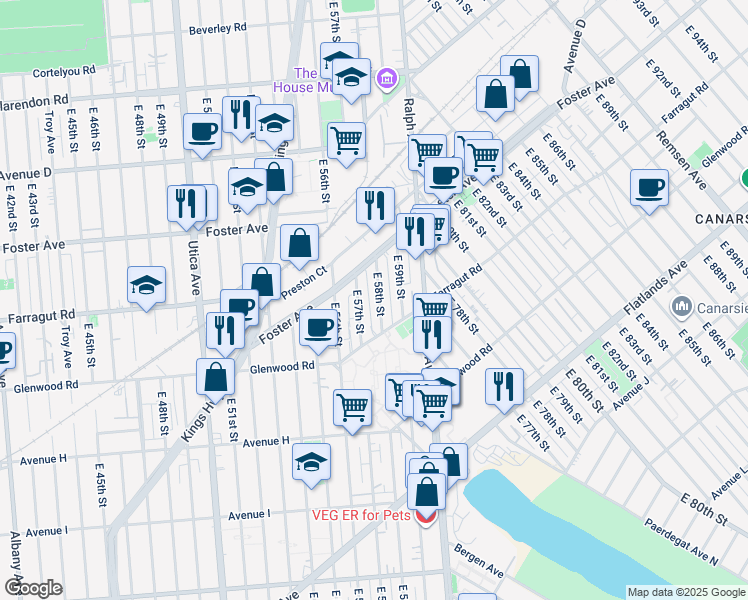 map of restaurants, bars, coffee shops, grocery stores, and more near 694 East 58th Street in Brooklyn